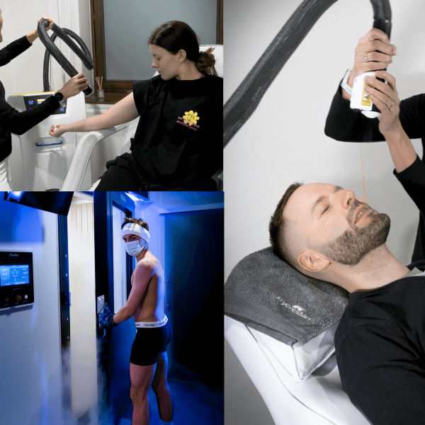 Žena obsluhuje přístroj u muže. Muž vstupuje do kryokomory. Detail muže na lehátku.