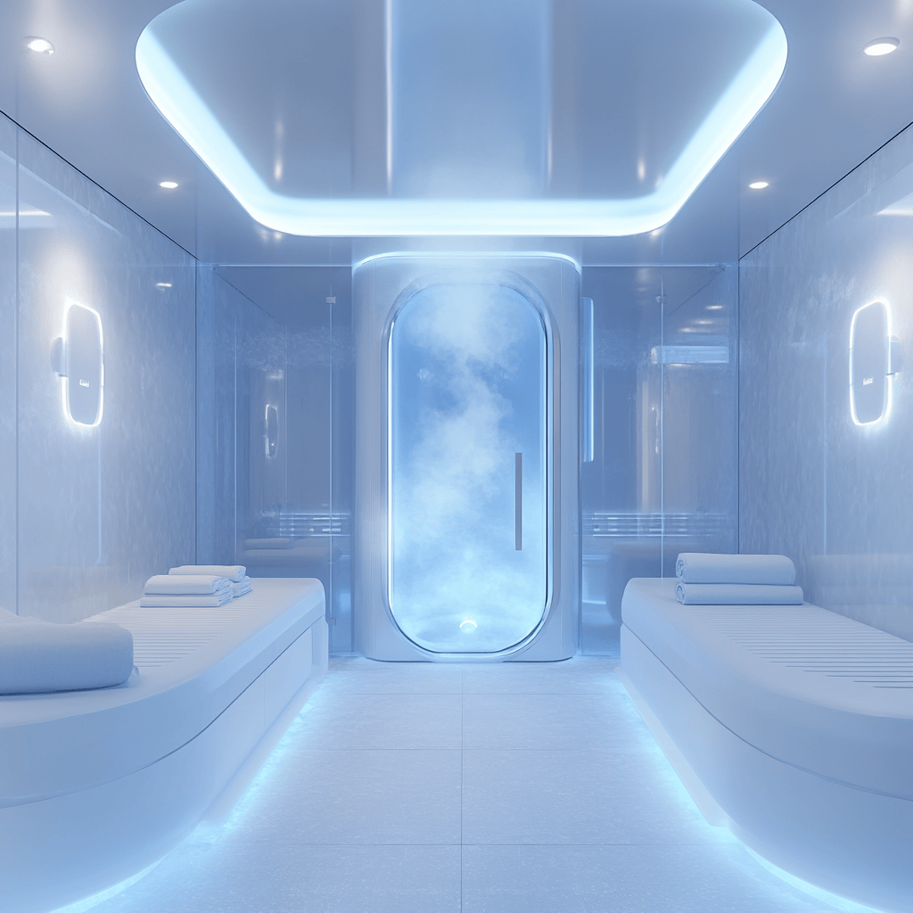 Interiér moderního kryocentra – futuristický, čistý, luxusní