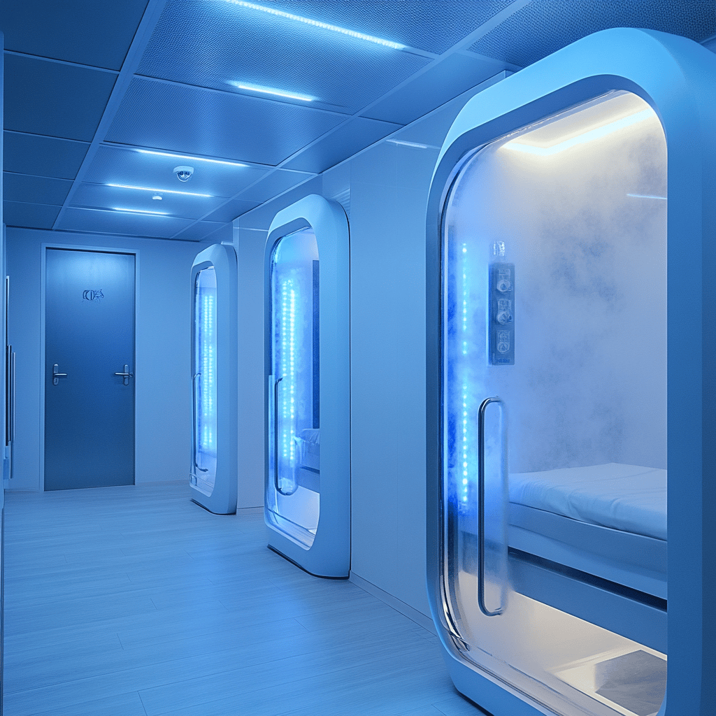 Interiér moderního kryocentra – futuristický, čistý, luxusní