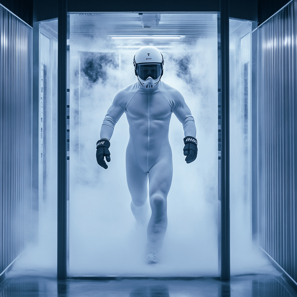 Muž vystupující z extrémně mrazivé kryokomory – silný vizuální efekt