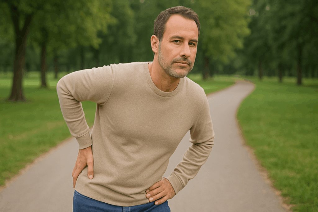 Muž držící se za záda venku