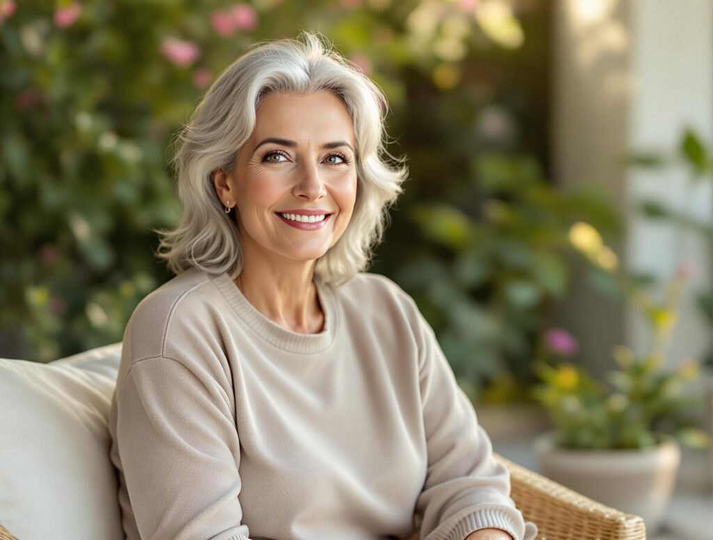 Starší žena sedící venku,